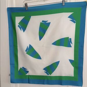 Vtg 70s Liz Sinclair Blue, Green & White Sailboat Print Large Polyester Scarf